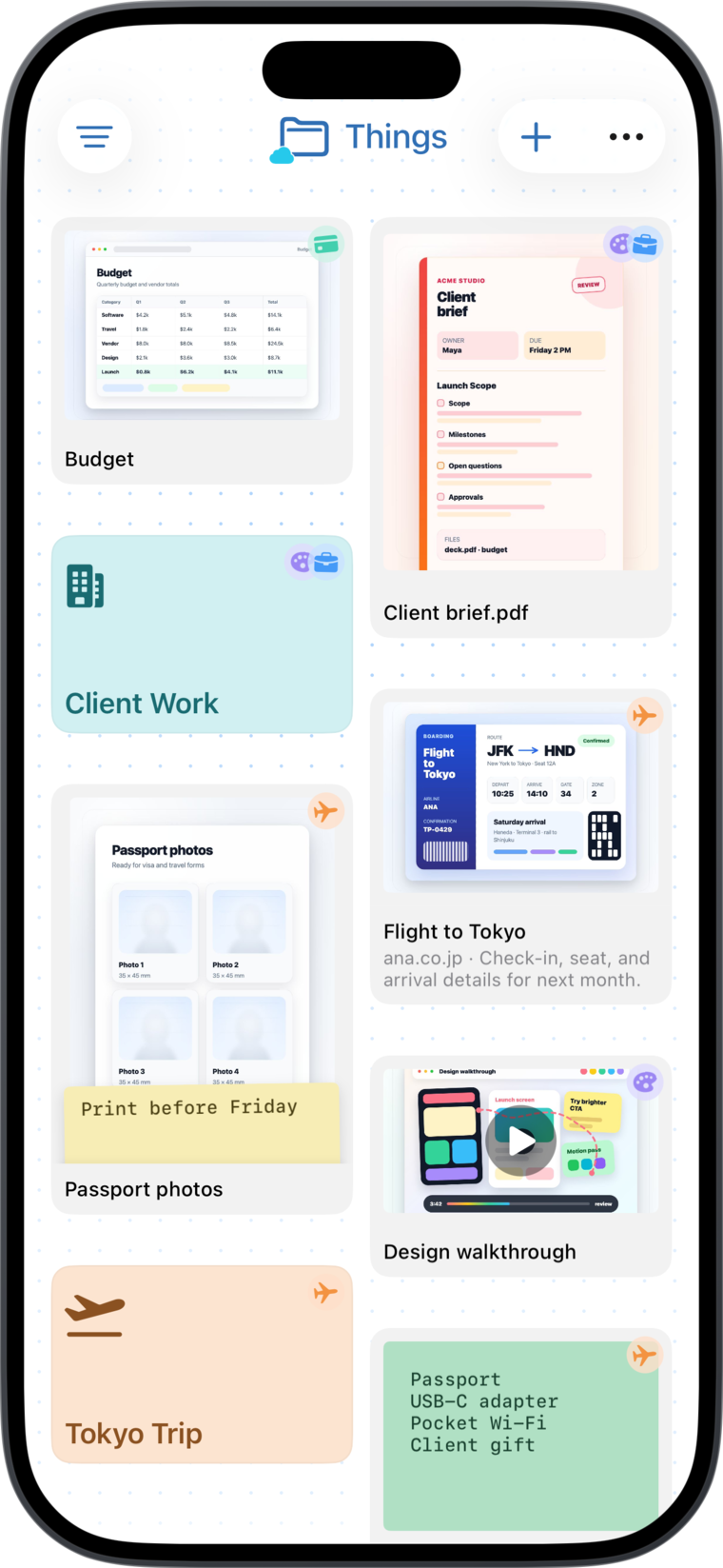 Today Planned Things view with saved notes, files, and plans