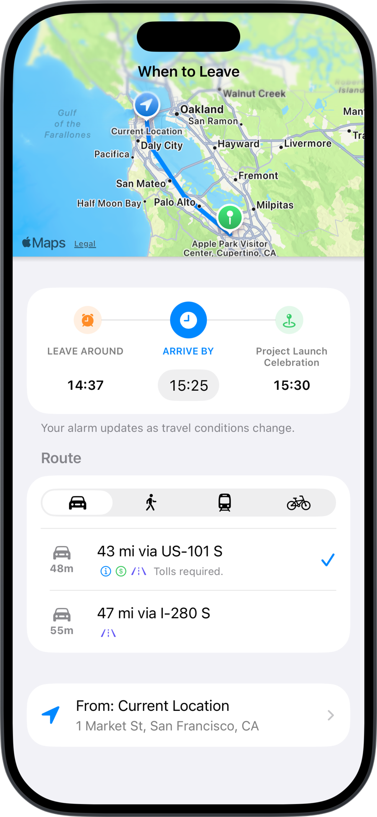 A When to Leave alarm updating from current travel conditions