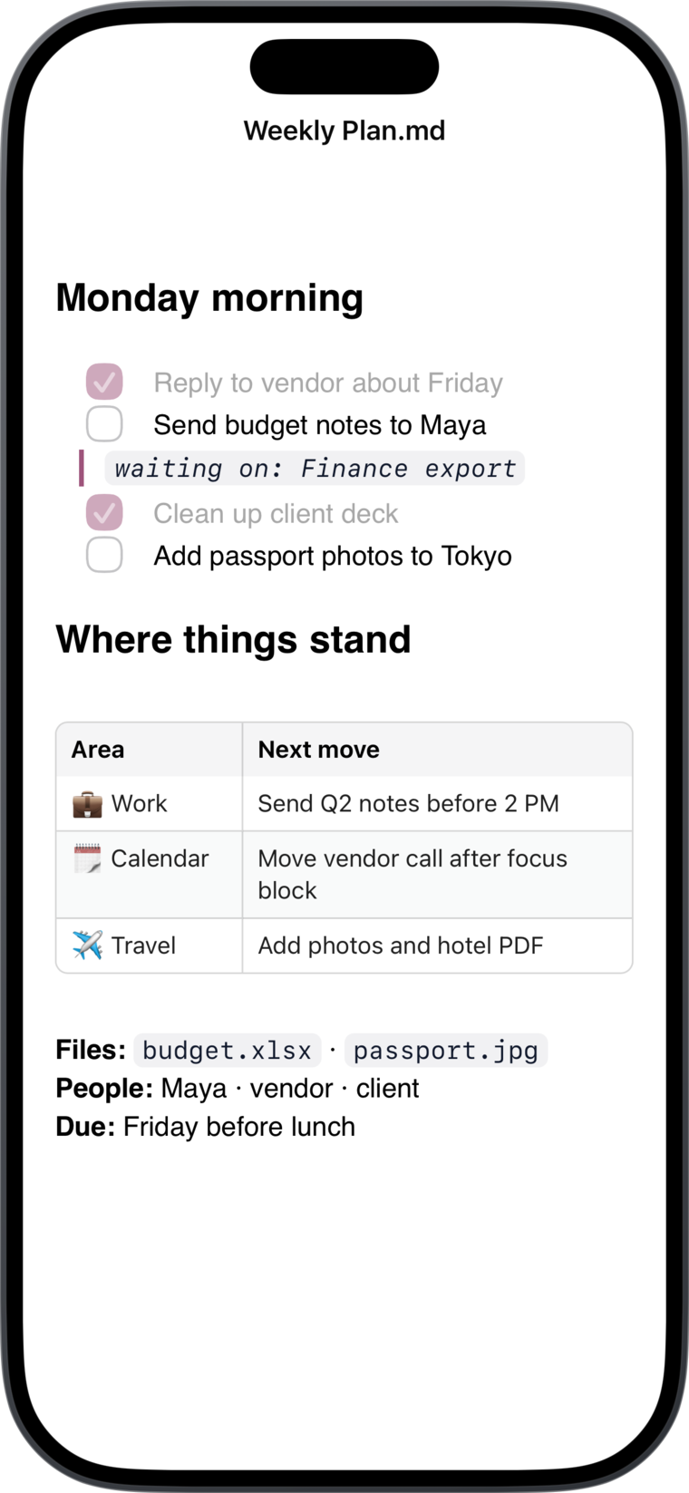A Markdown note open in Today Planned Things