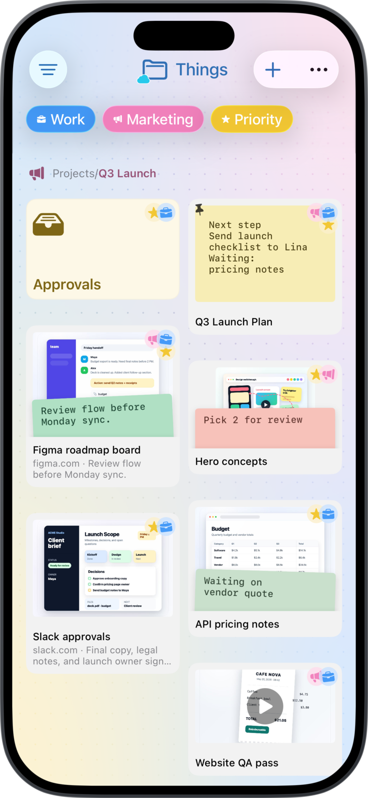 Things organized with colored folders and tags