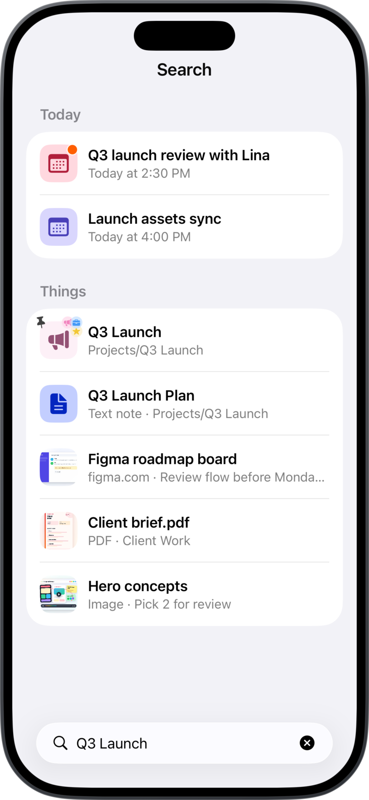 Searching across events and saved Things together